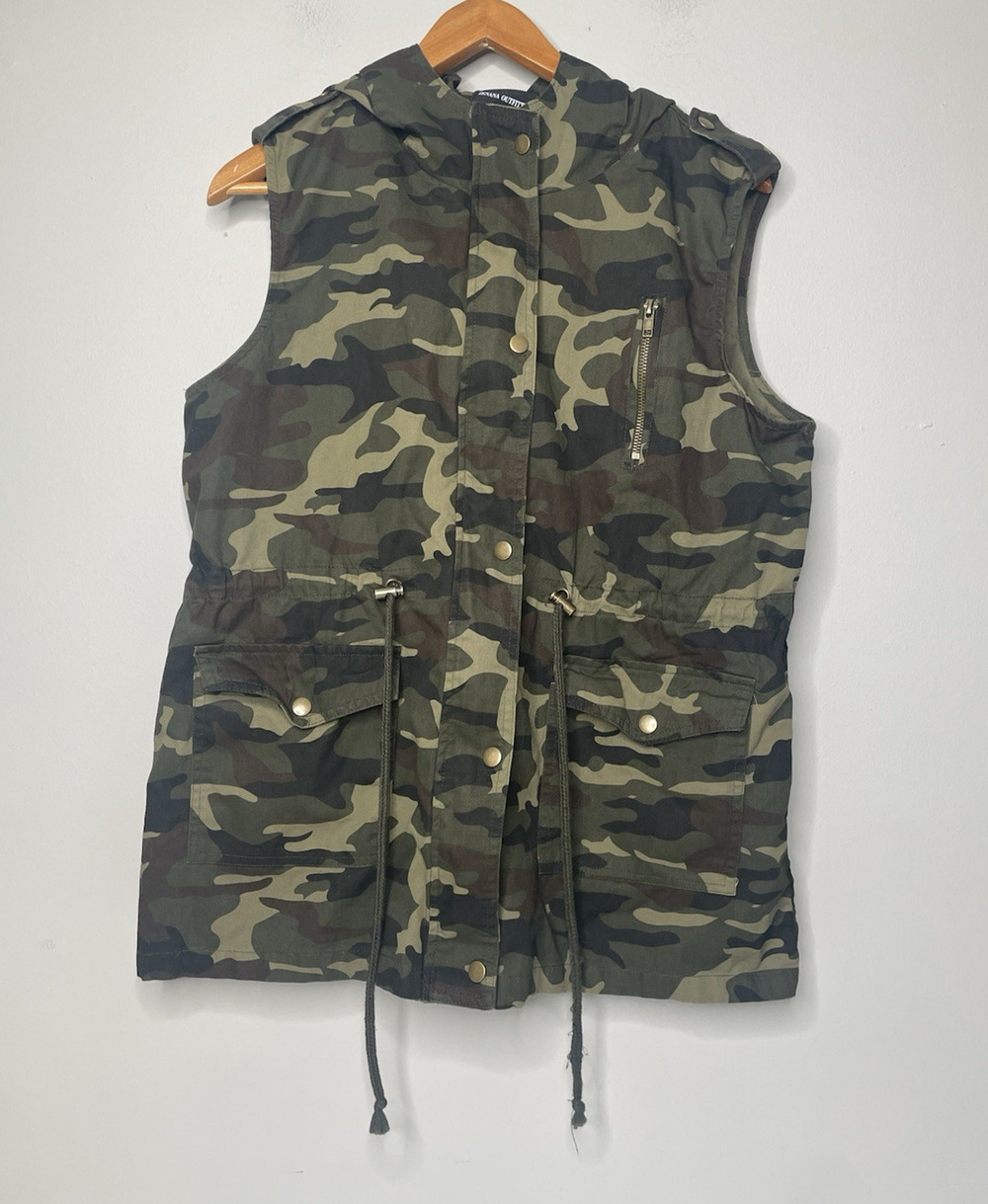 Zenana Outfitters Women’s XL Camo Hooded Utility Vest Military Cargo Cotton